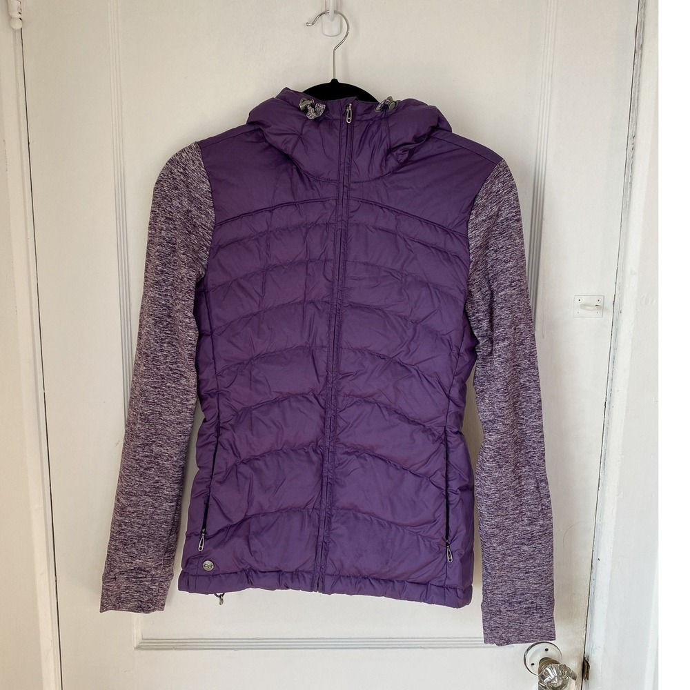 Outdoor Research Womens Purple Hybrid Down Quilted Hooded Jacket XS Thumbholes